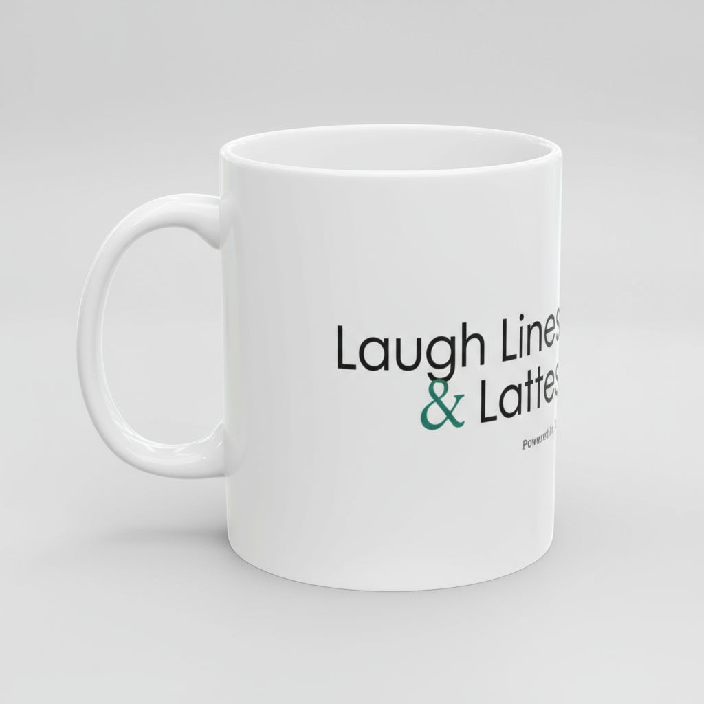 White mug with text on a white background