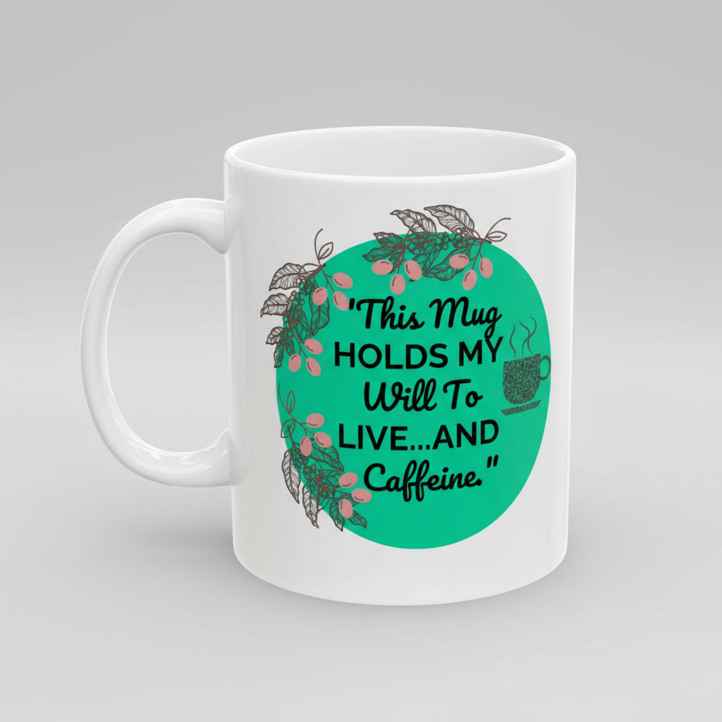 White mug with a green circular design featuring text and a coffee cup icon on a white background