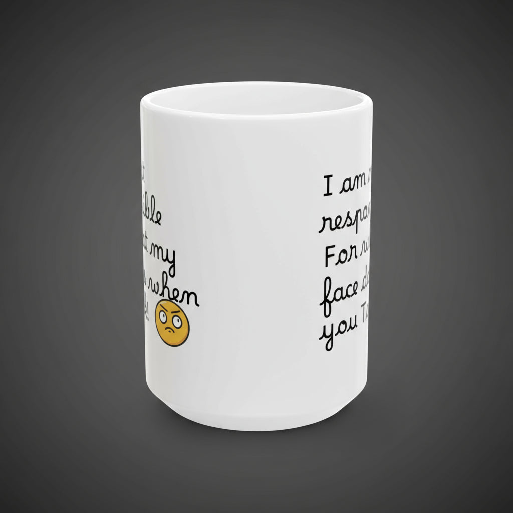 White mug with text and a yellow emoji on a white background