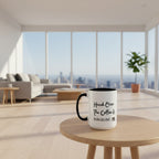 White mug with black interior and handle, featuring text and a coffee cup icon.