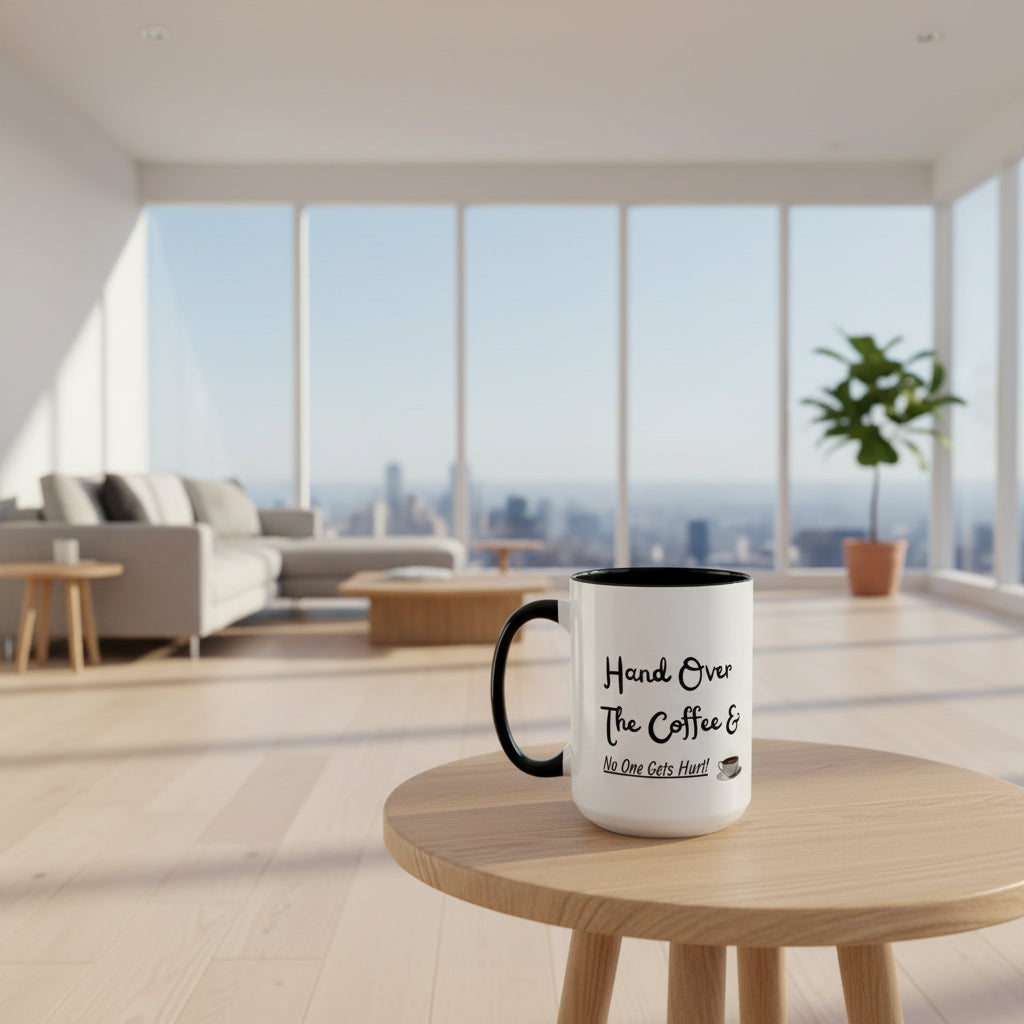 White mug with black interior and handle, featuring text and a coffee cup icon.