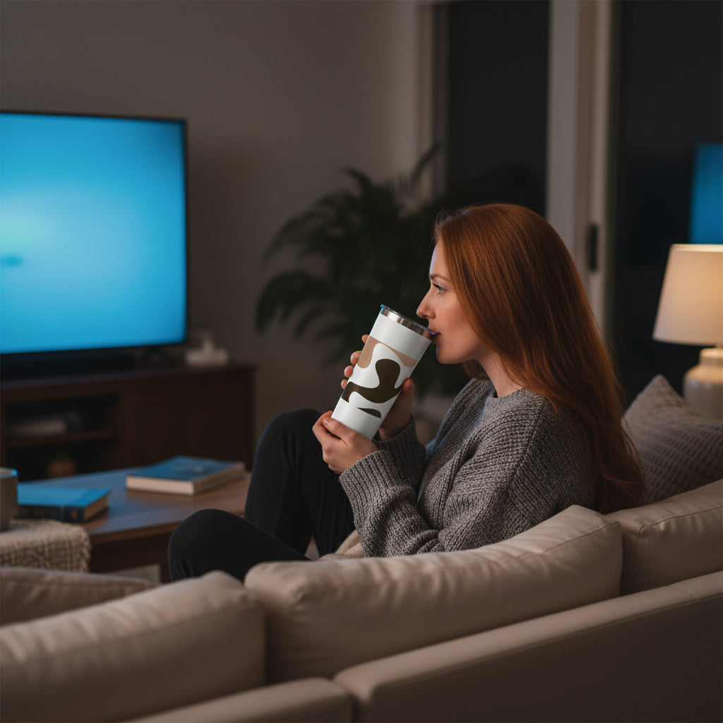 White tumbler with abstract brown and beige design on a white background