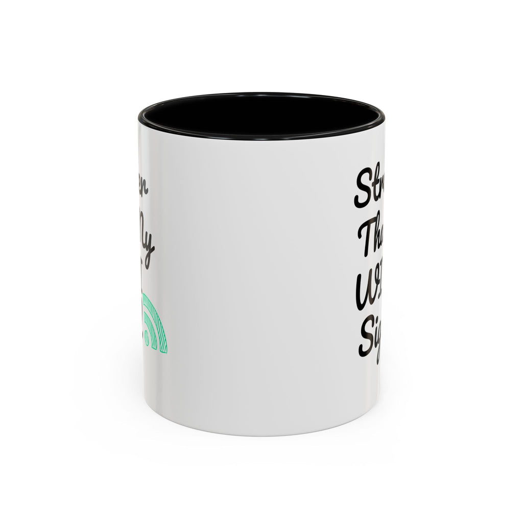 White mug with black interior and text on a white background