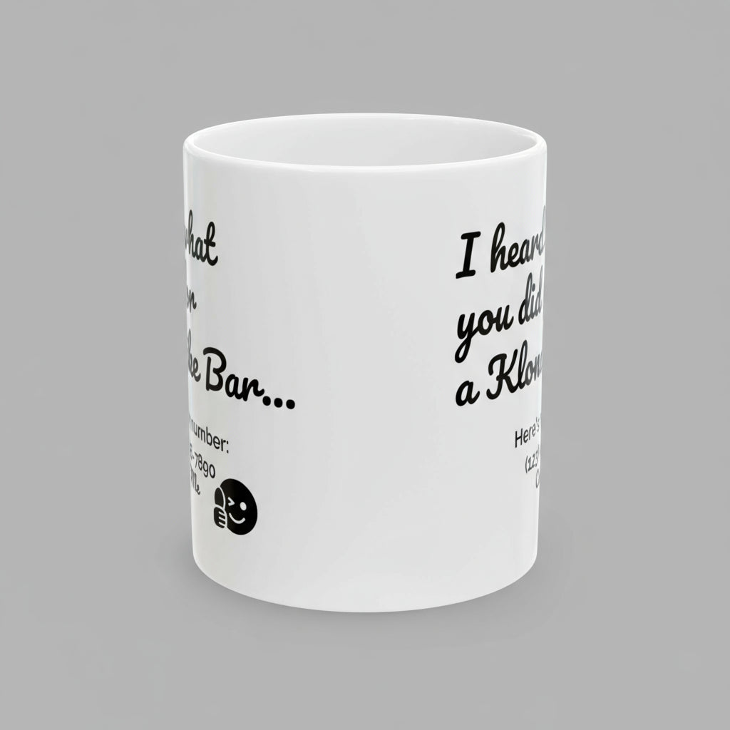 White mug with black text on a white background