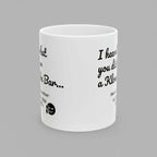 White mug with black text on a white background