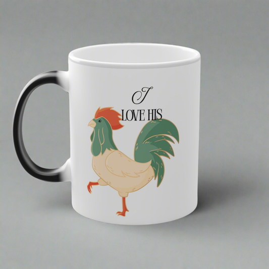11oz White mug with a rooster illustration and 'I LOVE HIS' text on a gray background