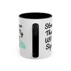 White mug with black interior and handle, featuring text and a logo on a white background