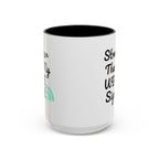White mug with black interior and text on a white background