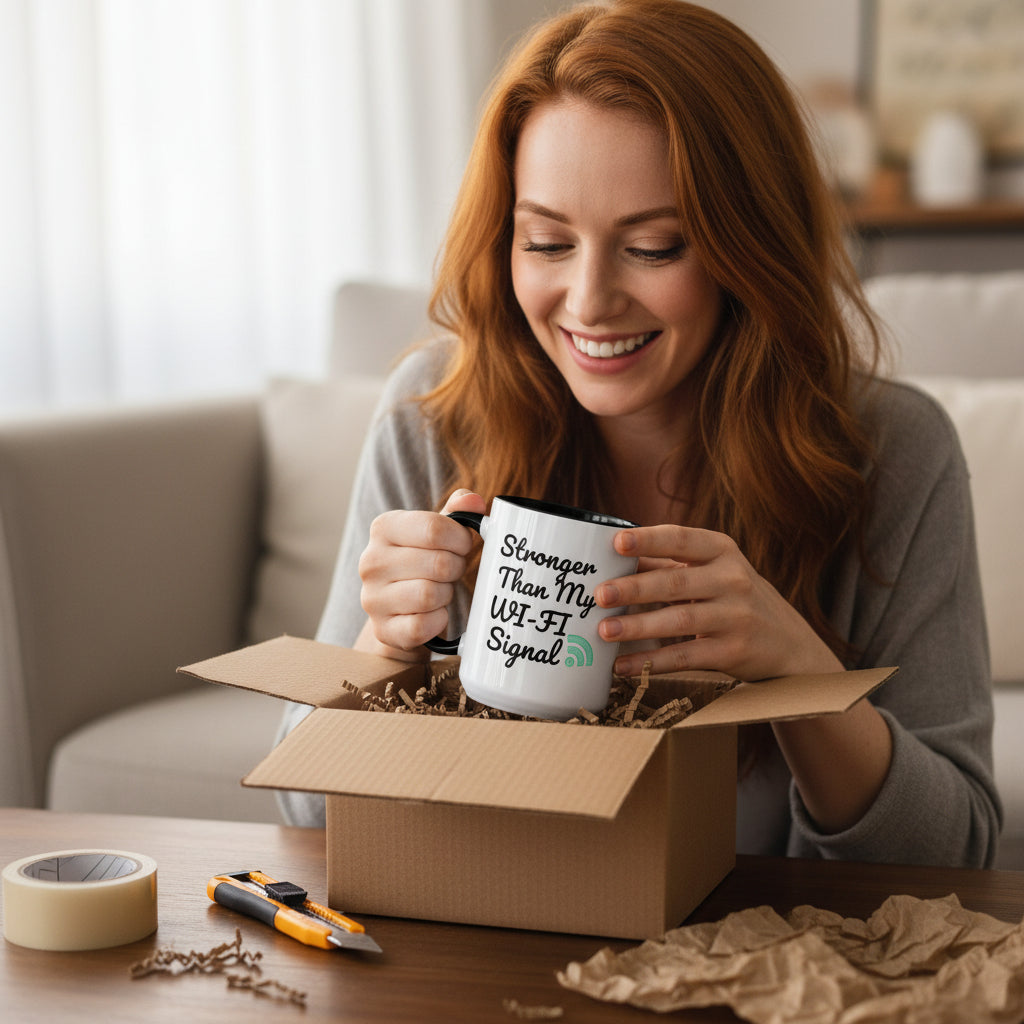 White mug with black interior and handle, featuring text 'Stronger Than My WI-FI Signal' and a Wi-Fi icon.