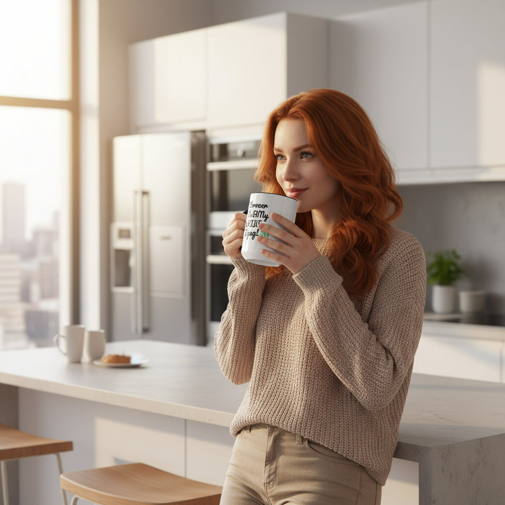 White mug with black interior and handle on a white background