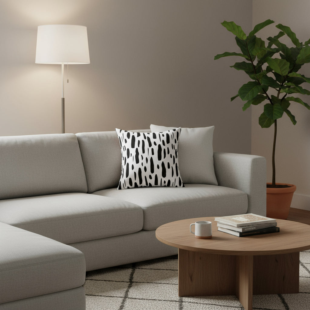 Decorative pillow with black abstract pattern on white background