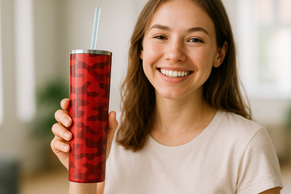 A young woman holding a 20 oz red camo skinny Insulated tumbler with a iceberg glitter straw 