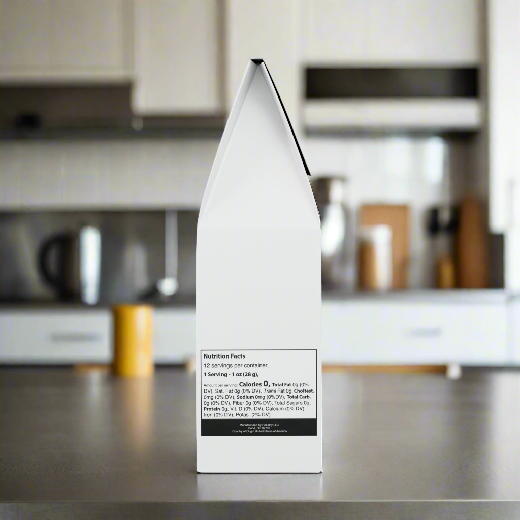 White product packaging with nutrition facts label on a kitchen counter