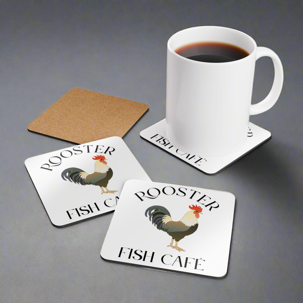 Rooster Fish Café Corkwood Coaster Set - Rustic Kitchen Decor