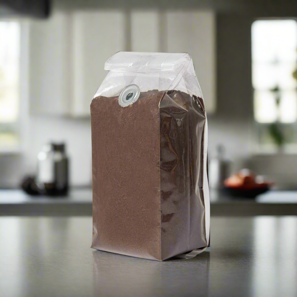 Bag of coffee grounds on a kitchen counter