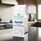 Coffee bag labeled 'Laugh Lines & Lattes' on a kitchen counter