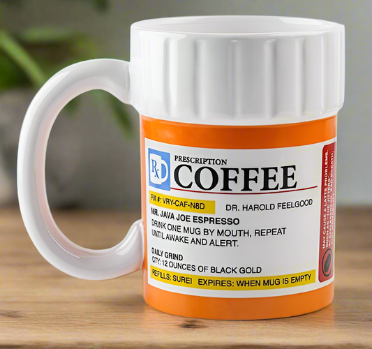 White ceramic mug for coffee lovers, Prescription Coffee Mug 